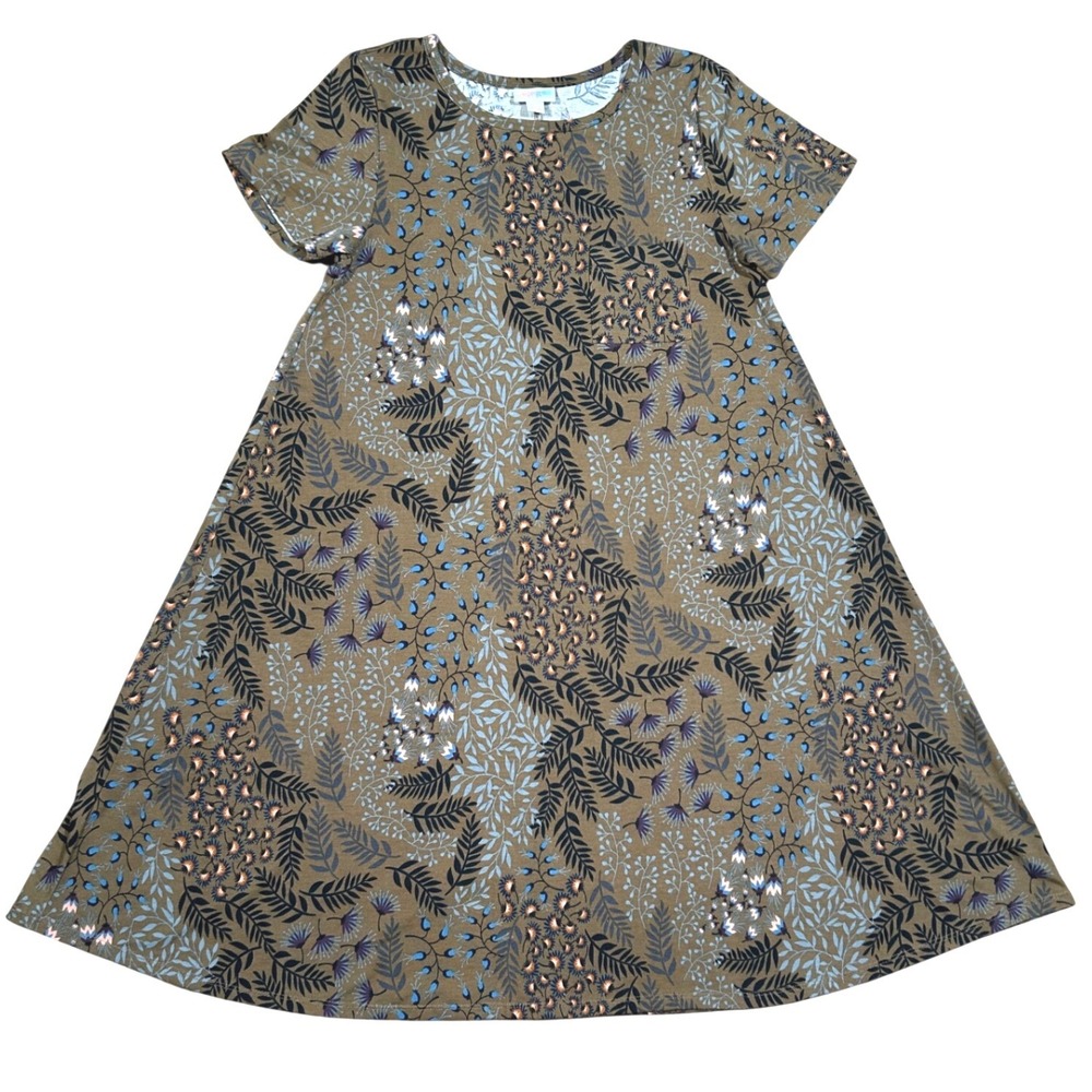 LuLaRoe Carly Dress Womens XS Brown Green Floral Fern Short Sleeve